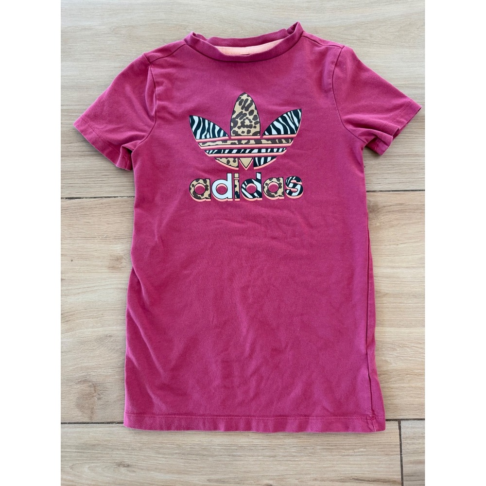 Adidas Originals Girls Pink Animal Print Logo T-Shirt Dress Size 4-5Y 110